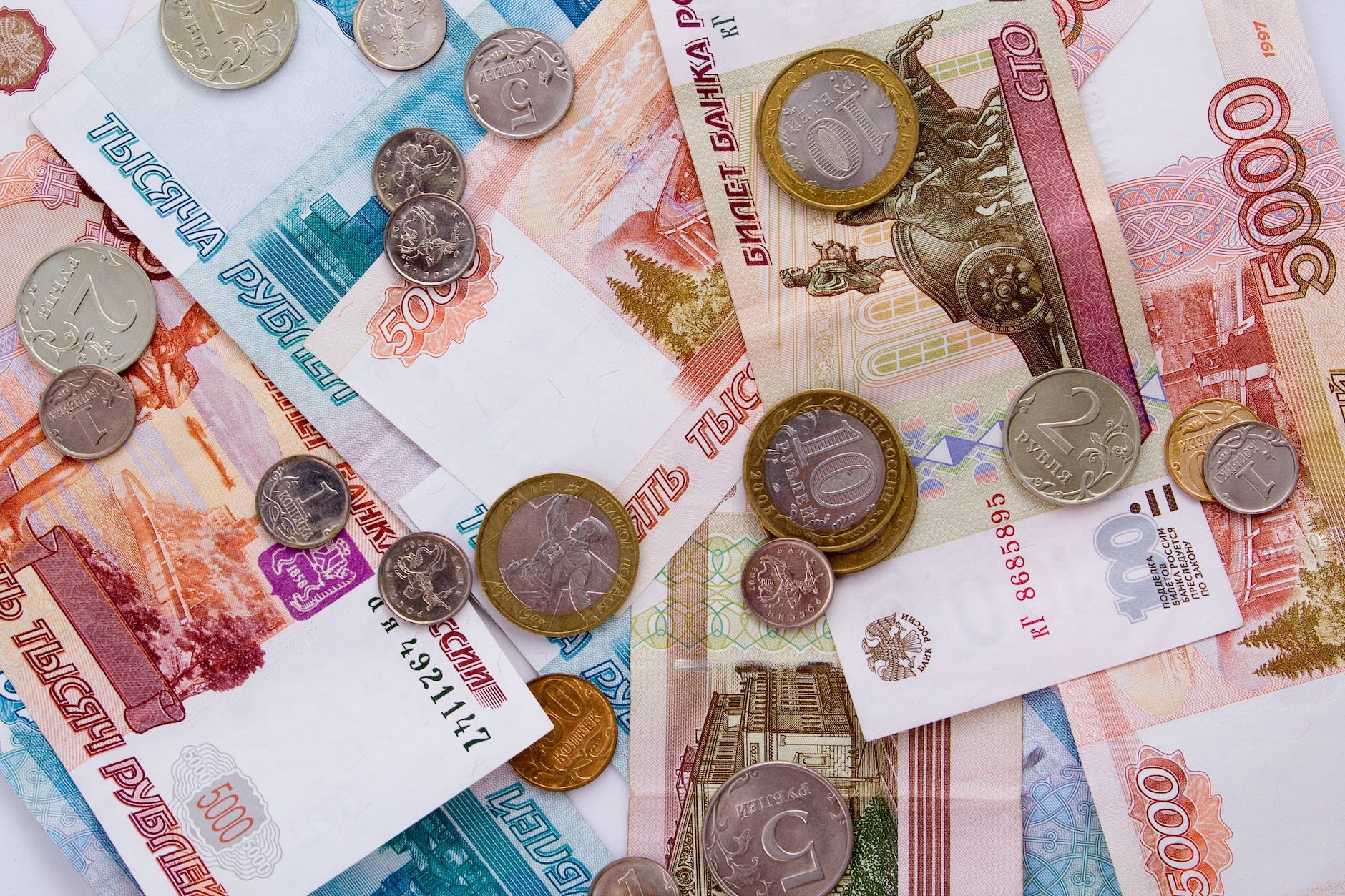 russian ruble banknotes and coins